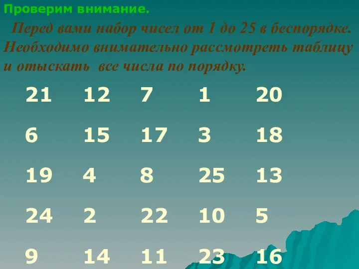 Перед вами набор чисел от 1 до 25 в беспорядке. Необходимо