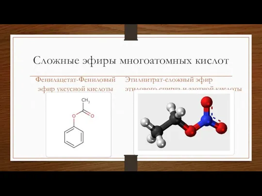 Сложные эфиры многоатомных кислот Фенилацетат-Фениловый эфир уксусной кислоты Этилнитрат-сложный эфир этилового спирта и азотной кислоты