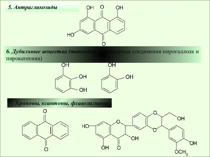 5. Антрагликозиды 6. Дубильные вещества (танниды) (полимерные соединения пирогаллола и пирокатехина) 7. Хромоны, ксантоны, флаволигнаны