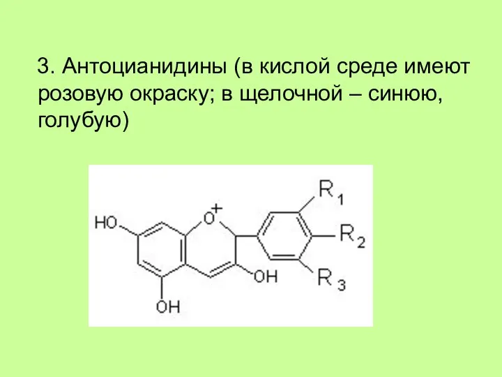 3. Антоцианидины (в кислой среде имеют розовую окраску; в щелочной – синюю, голубую)