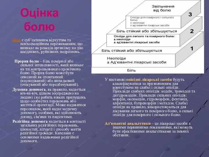 Оцінка болю Біль є суб’єктивним відчуттям та психоемоційним переживанням, що виникає