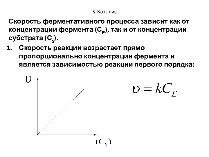 5. Катализ Скорость ферментативного процесса зависит как от концентрации фермента (СЕ),