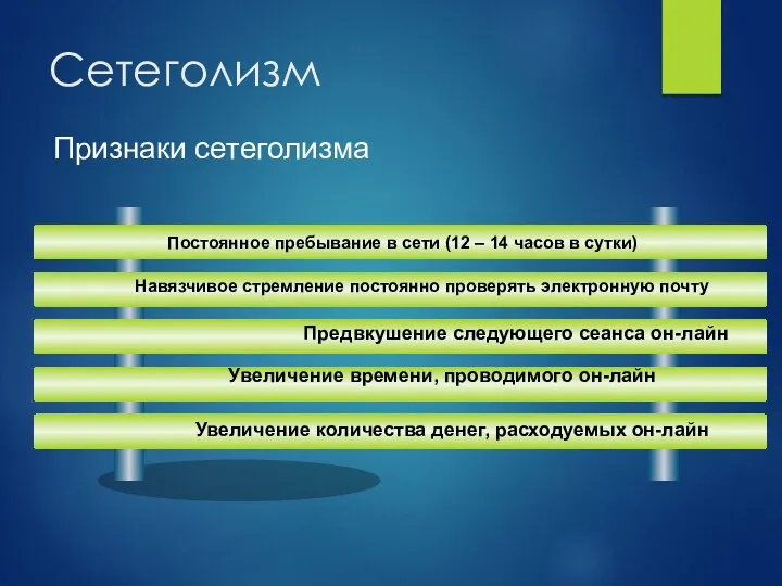 Признаки сетеголизма Сетеголизм Навязчивое стремление постоянно проверять электронную почту Предвкушение следующего