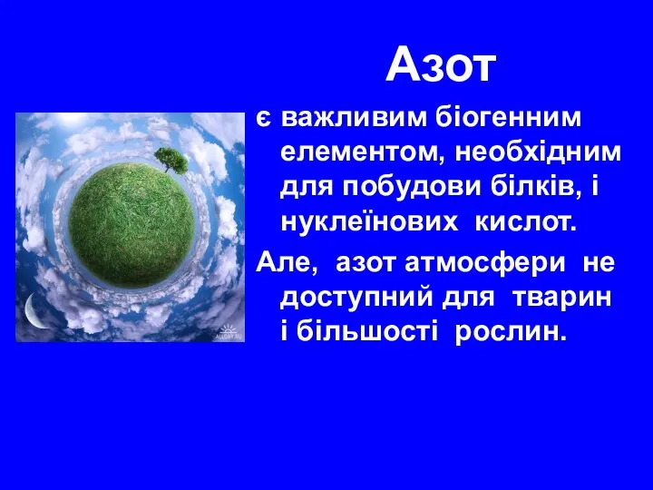 Азот є важливим біогенним елементом, необхідним для побудови білків, і нуклеїнових