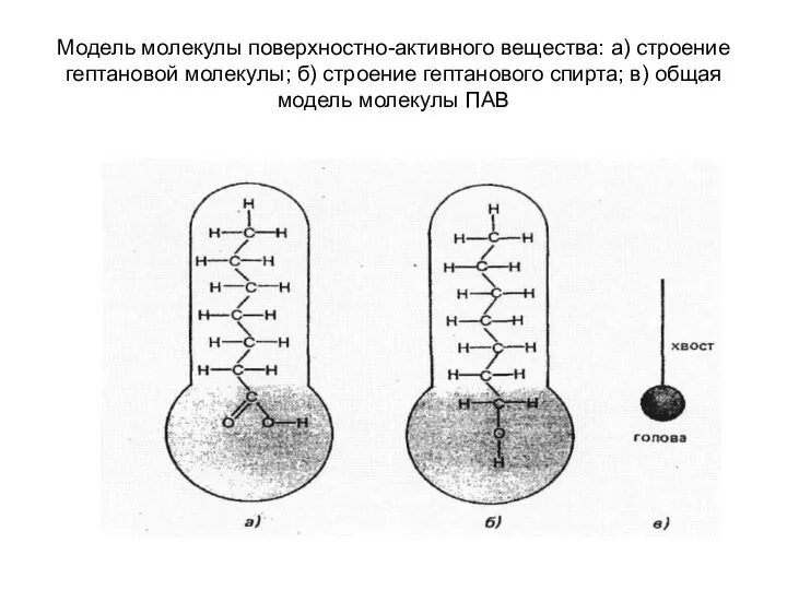 Модель молекулы поверхностно-активного вещества: а) строение гептановой молекулы; б) строение гептанового