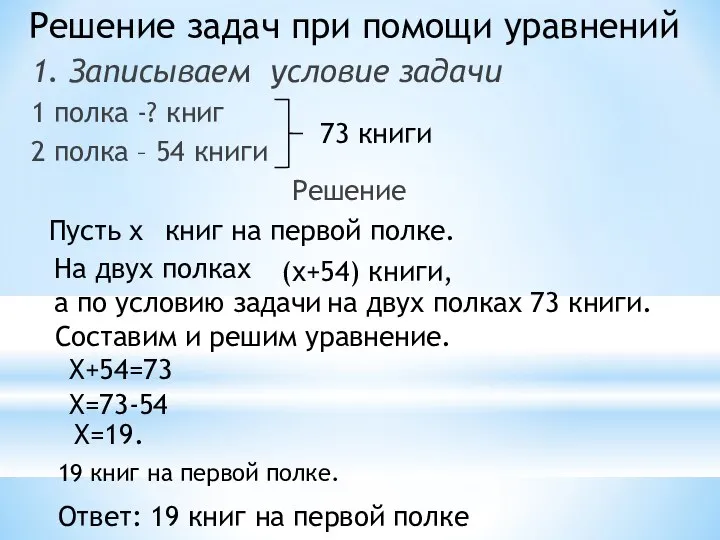 1. Записываем условие задачи 1 полка -? книг 2 полка –