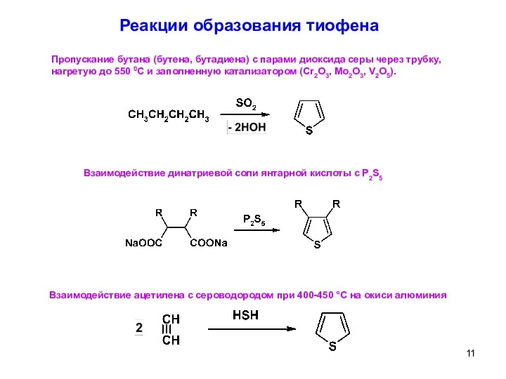 Взаимодействие динатриевой соли янтарной кислоты с P2S5 Реакции образования тиофена Пропускание