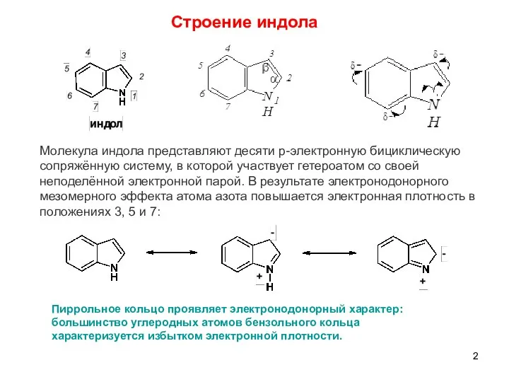 Cтроение индола Пиррольное кольцо проявляет электронодонорный характер: большинство углеродных атомов бензольного кольца характеризуется избытком электронной плотности.