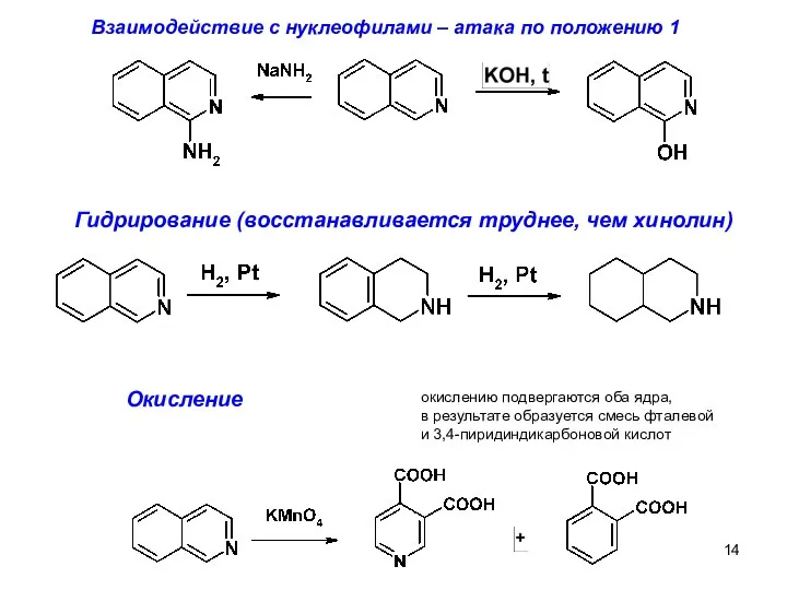 Гидрирование (восстанавливается труднее, чем хинолин) Окисление Взаимодействие с нуклеофилами – атака