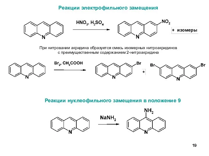 При нитровании акридина образуется смесь изомерных нитроакридинов с преимущественным содержанием 2-нитроакридина