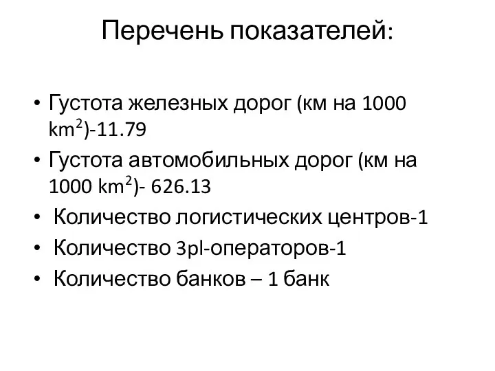 Перечень показателей: Густота железных дорог (км на 1000 km2)-11.79 Густота автомобильных