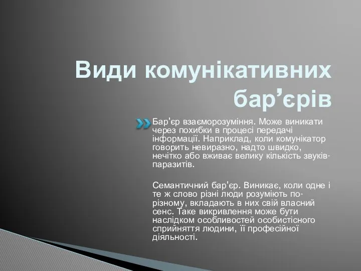 Види комунікативних бар’єрів Бар'єр взаєморозуміння. Може виникати через похибки в процесі