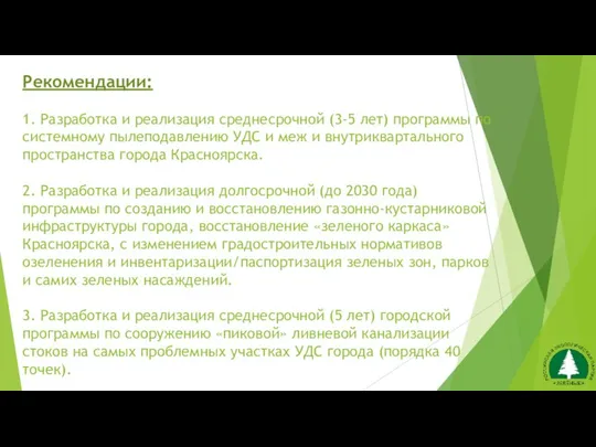 Рекомендации: 1. Разработка и реализация среднесрочной (3-5 лет) программы по системному