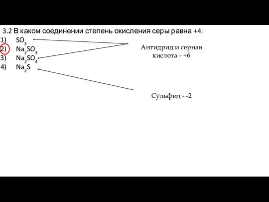 3.2 В каком соединении степень окисления серы равна +4: SO3 Na2SO3