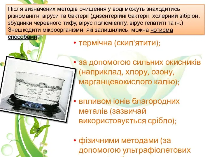 термічна (скип'ятити); за допомогою сильних окисників (наприклад, хлору, озону, марганцевокислого калію);