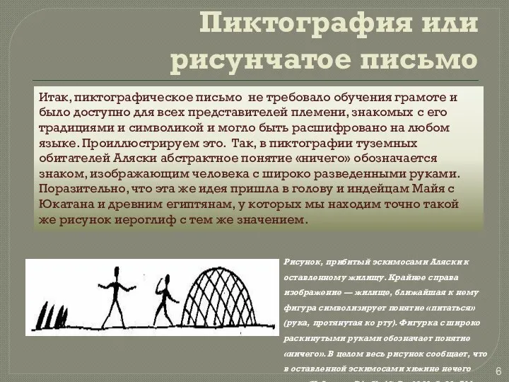 Пиктография или рисунчатое письмо Итак, пиктографическое письмо не требовало обучения грамоте