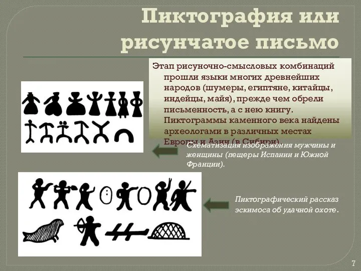 Пиктография или рисунчатое письмо Этап рисуночно-смысловых комбинаций прошли языки многих древнейших