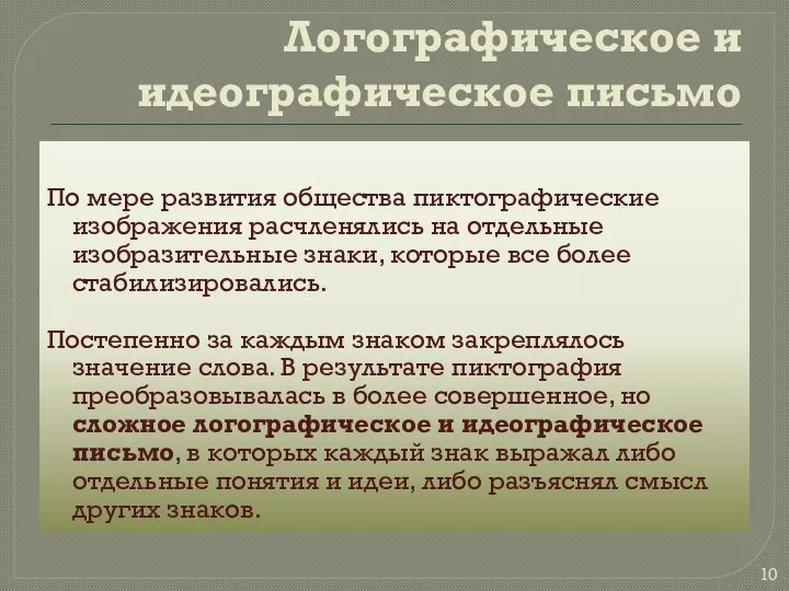 Логографическое и идеографическое письмо По мере развития общества пиктографические изображения расчленялись