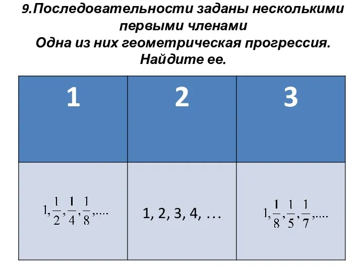 9.Последовательности заданы несколькими первыми членами Одна из них геометрическая прогрессия. Найдите ее.