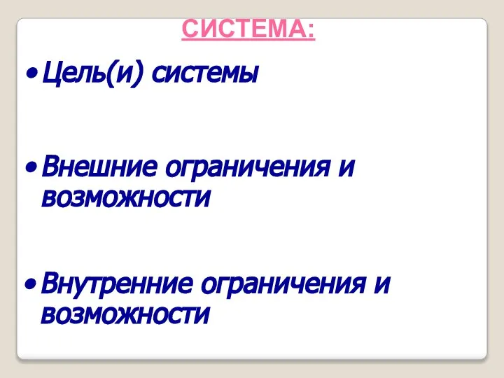 Цель(и) системы СИСТЕМА: Внешние ограничения и возможности Внутренние ограничения и возможности