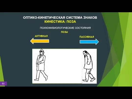 ОПТИКО-КИНЕТИЧЕСКАЯ СИСТЕМА ЗНАКОВ КИНЕСТИКА: ПОЗА ПОЗЫ АКТИВНАЯ ПАССИВНАЯ ПСИХОФИЗИОЛОГИЧЕСКИЕ СОСТОЯНИЯ