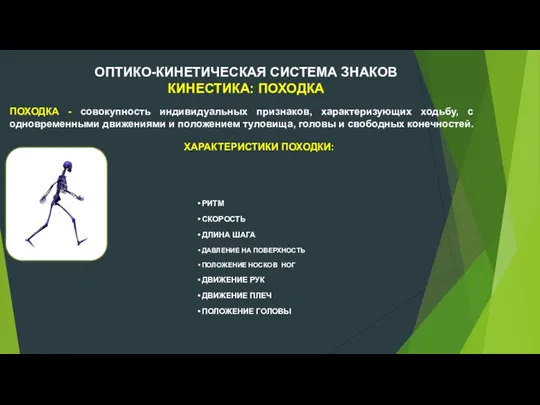 ОПТИКО-КИНЕТИЧЕСКАЯ СИСТЕМА ЗНАКОВ КИНЕСТИКА: ПОХОДКА ПОХОДКА - совокупность индивидуальных признаков, характеризующих