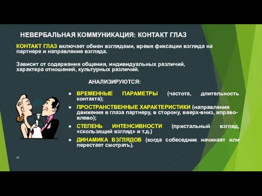 КОНТАКТ ГЛАЗ включает обмен взглядами, время фиксации взгляда на партнере и