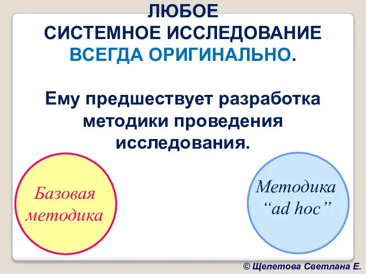 ЛЮБОЕ СИСТЕМНОЕ ИССЛЕДОВАНИЕ ВСЕГДА ОРИГИНАЛЬНО. Ему предшествует разработка методики проведения исследования. Базовая методика