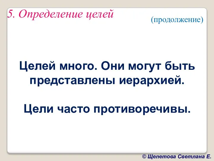 5. Определение целей Целей много. Они могут быть представлены иерархией. Цели часто противоречивы. (продолжение)