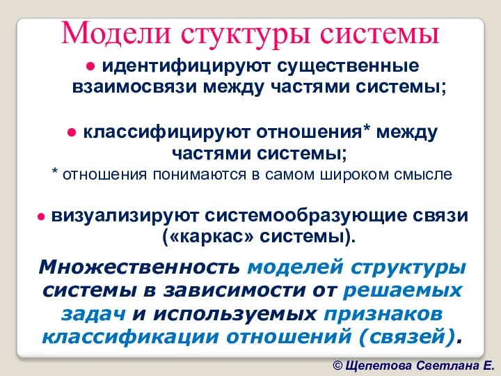 Модели стуктуры системы ● идентифицируют существенные взаимосвязи между частями системы; ●