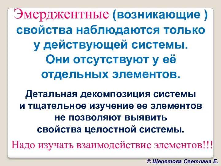 Эмерджентные (возникающие ) свойства наблюдаются только у действующей системы. Они отсутствуют