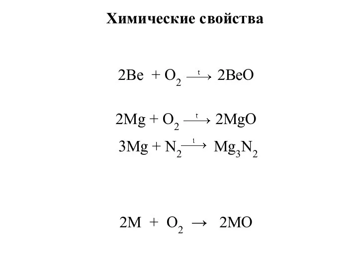 Химические свойства 2Bе + О2 2BеО 2Mg + О2 2MgО 3Мg