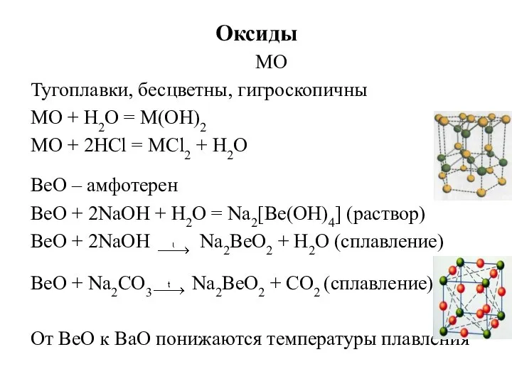 Оксиды MO Тугоплавки, бесцветны, гигроскопичны MO + Н2О = M(OH)2 MO