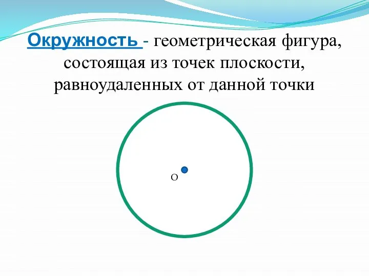 Окружность - геометрическая фигура, состоящая из точек плоскости, равноудаленных от данной точки О