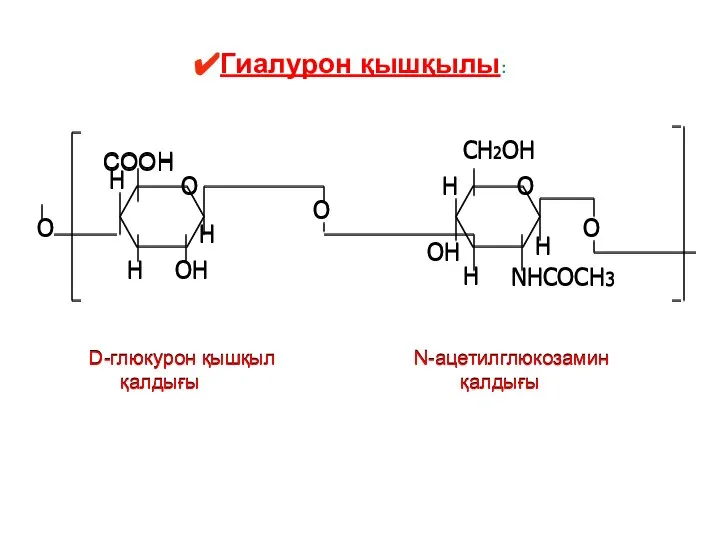 Гиалурон қышқылы: СООH NHCOCH3 D-глюкурон қышқыл N-ацетилглюкозамин қалдығы қалдығы CH2OH O
