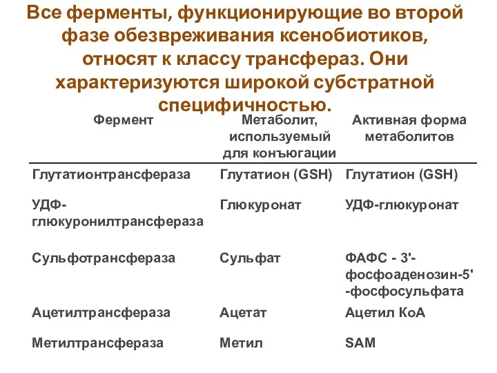 Все ферменты, функционирующие во второй фазе обезвреживания ксенобиотиков, относят к классу