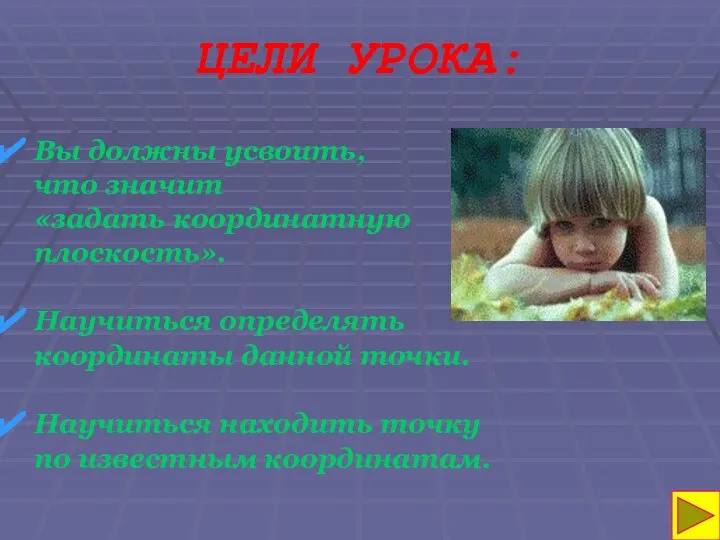 ЦЕЛИ УРОКА: Вы должны усвоить, что значит «задать координатную плоскость». Научиться