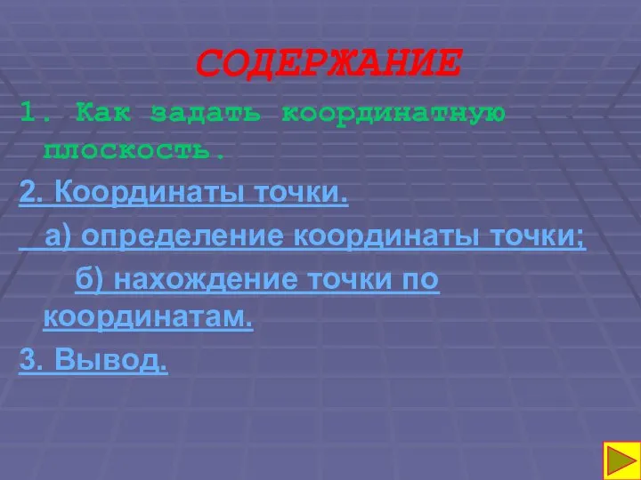 СОДЕРЖАНИЕ 1. Как задать координатную плоскость. 2. Координаты точки. а) определение