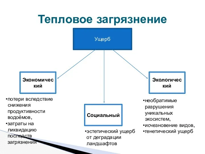 Тепловое загрязнение Ущерб Экономический Социальный Экологический потери вследствие снижения продуктивности водоёмов,