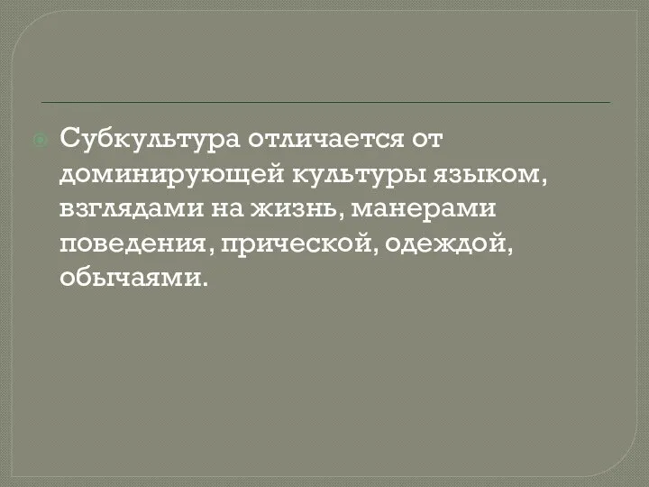 Субкультура отличается от доминирующей культуры языком, взглядами на жизнь, манерами поведения, прической, одеждой, обычаями.