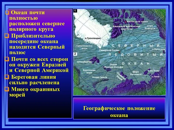 Географическое положение океана Океан почти полностью расположен севернее полярного круга Приблизительно