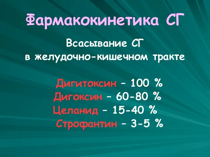 Фармакокинетика СГ Всасывание СГ в желудочно-кишечном тракте Дигитоксин – 100 %