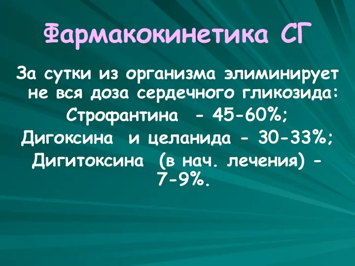 Фармакокинетика СГ За сутки из организма элиминирует не вся доза сердечного