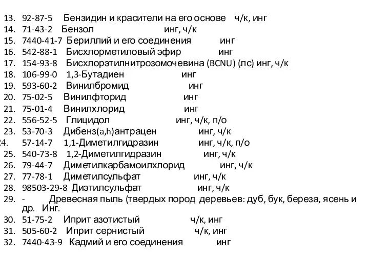 13. 92-87-5 Бензидин и красители на его основе ч/к, инг 14.