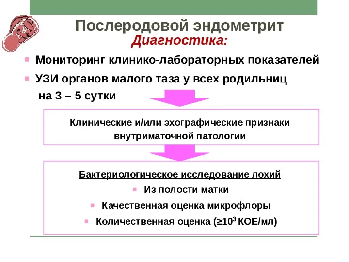 Послеродовой эндометрит Диагностика: Мониторинг клинико-лабораторных показателей УЗИ органов малого таза у