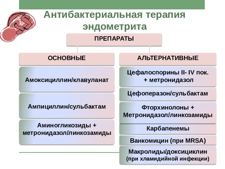 Антибактериальная терапия эндометрита Амоксициллин/клавуланат Ампициллин/сульбактам Аминогликозиды + метронидазол/линкозамиды Карбапенемы Цефалоспорины II-