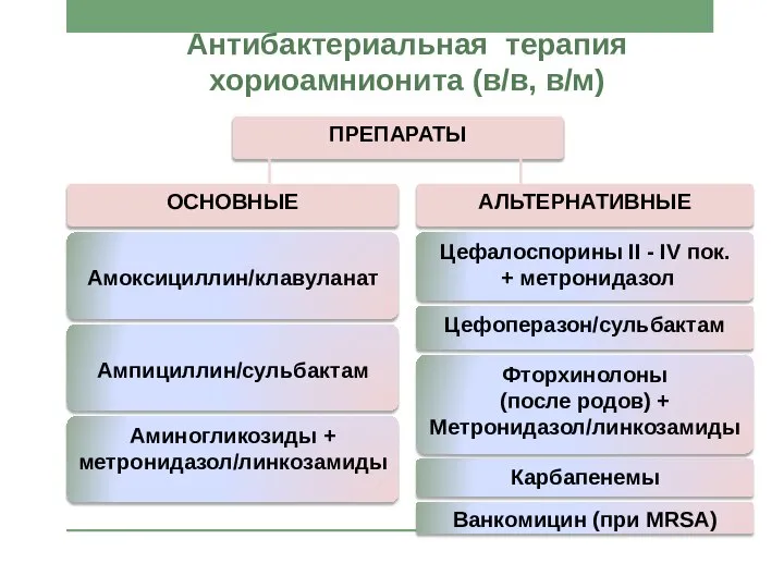 Антибактериальная терапия хориоамнионита (в/в, в/м) Амоксициллин/клавуланат Ампициллин/сульбактам Аминогликозиды + метронидазол/линкозамиды Карбапенемы