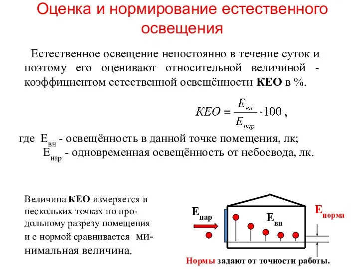 Оценка и нормирование естественного освещения Естественное освещение непостоянно в течение суток