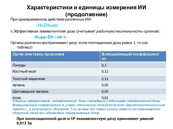 Характеристики и единицы измерения ИИ (продолжение) При одновременном действии различных ИИ: