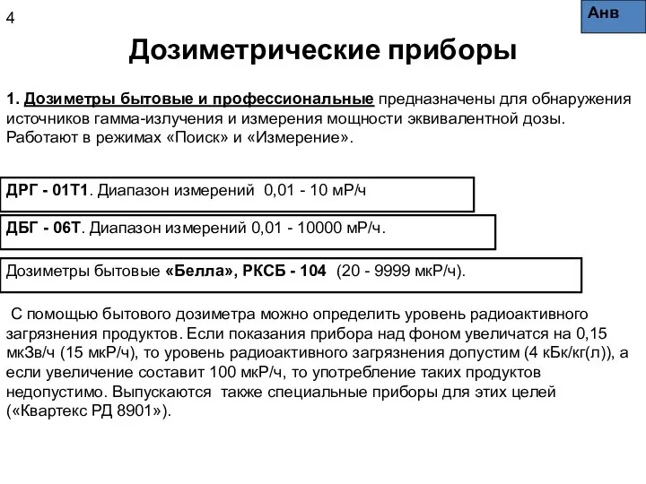 Дозиметрические приборы 1. Дозиметры бытовые и профессиональные предназначены для обнаружения источников